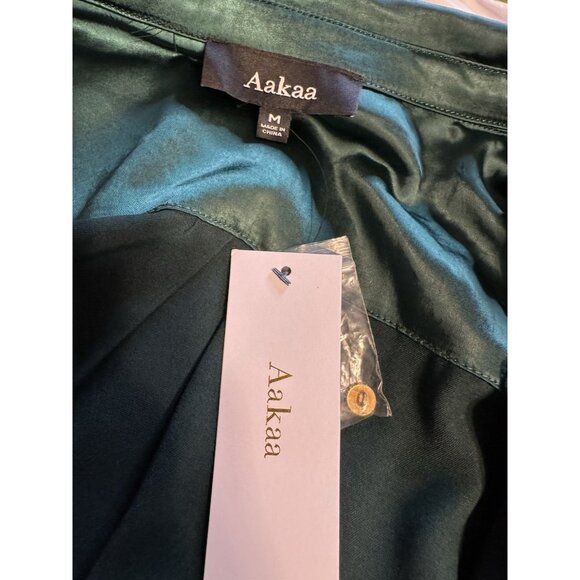 Aakaa Dress M Emerald Green Satin Long Sleeve Tie Front Cut Out NEW - Picture 13 of 15